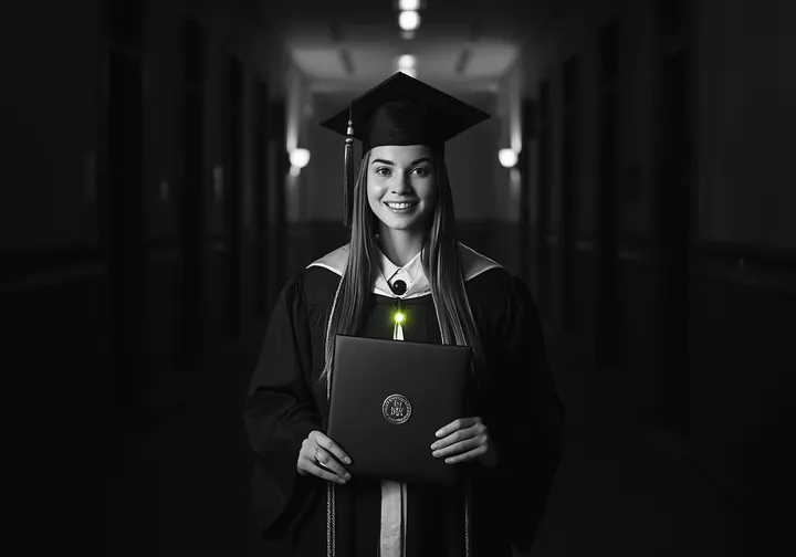A graduate in cap and gown holds her diploma